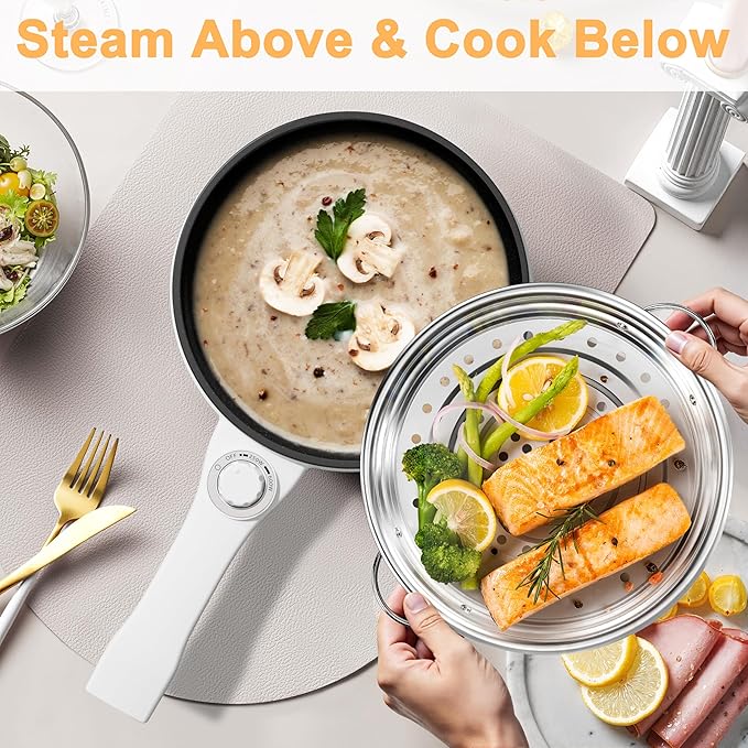 Dezin Hot Pot Electric with Steamer Upgraded, Non-Stick Sauté Pan, Rapid Noodles Electric Pot, 1.5L Mini Pot for Steak, Egg, Fried Rice, Ramen, Oatmeal, Soup with Power Adjustment