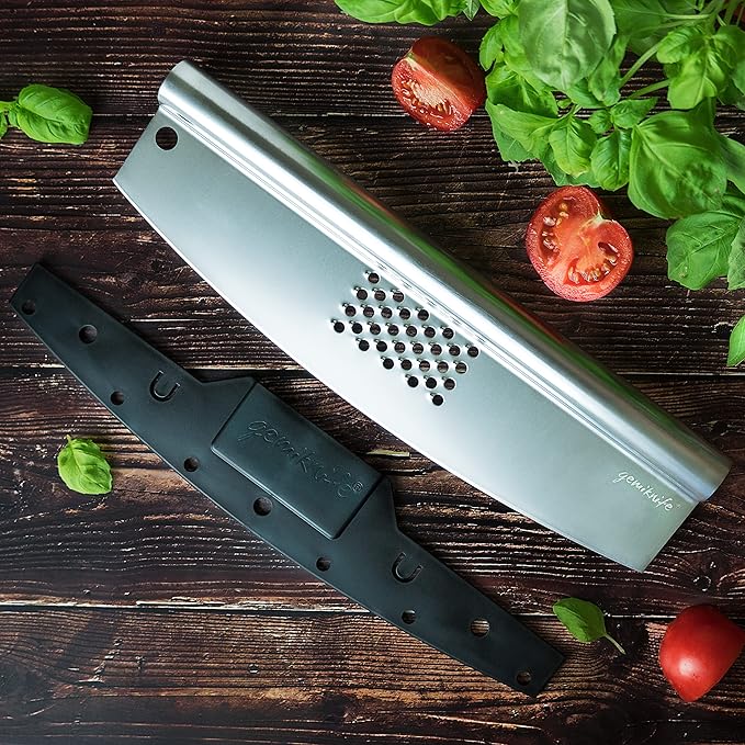 gemiknife Pizza Cutter Plus. Premium 14” Sharp Rocker Slicer + Built In Cheese Grater. Thick & Sturdy Stainless Steel Blade + Centered Handle + Protective Knife Cover + Dishwasher Safe.