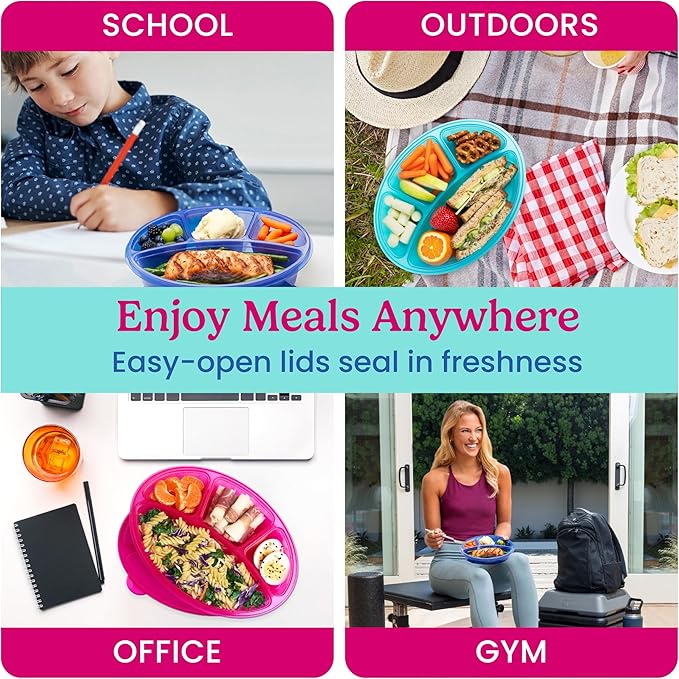 Bentgo Easyboxes 4-Compartment Oval Containers - Patented Design 8-Piece Set; 4 Trays & 4 Fitted Lids Seal in Freshness; Reusable Food Storage & Meal Prep BPA-Free Containers (Jewel Brights)