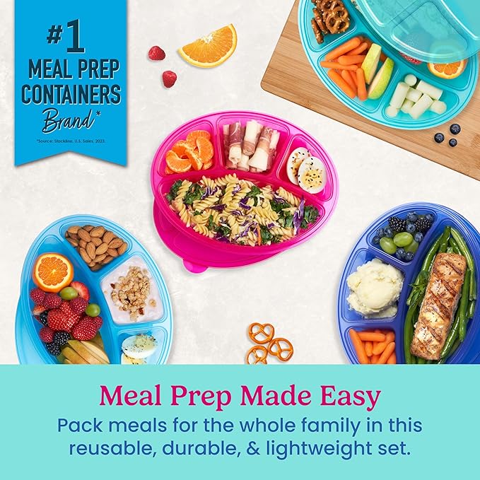 Bentgo Easyboxes 4-Compartment Oval Containers - Patented Design 8-Piece Set; 4 Trays & 4 Fitted Lids Seal in Freshness; Reusable Food Storage & Meal Prep BPA-Free Containers (Jewel Brights)