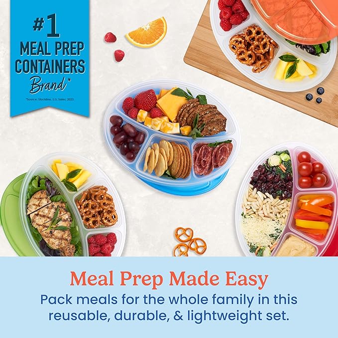 Bentgo Easyboxes 4-Compartment Oval Containers - Patented Design 8-Piece Set; 4 Trays & 4 Fitted Lids Seal in Freshness; Reusable Food Storage & Meal Prep BPA-Free Containers (Classic)