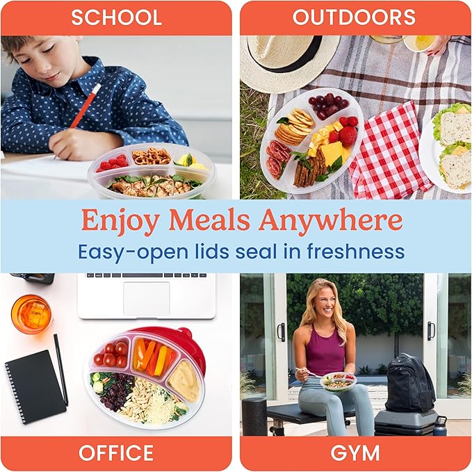 Bentgo Easyboxes 4-Compartment Oval Containers - Patented Design 8-Piece Set; 4 Trays & 4 Fitted Lids Seal in Freshness; Reusable Food Storage & Meal Prep BPA-Free Containers (Classic)