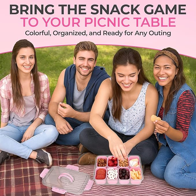 Snackle Box Container with Lid Travel Charcuterie Box with Handle Organizer for Candy, Fruit, Nuts, Veggies, Snacks, Beach Essentials, Portable Lunch Box (Pink, Large)