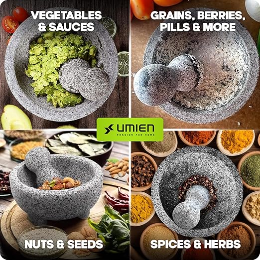 Umien Granite Mortar and Pestle Set - 8-Inch Natural Stone Molcajete with Avocado Tool - 3.5 Cup Capacity for Spices, Herbs, Pestos & Guacamole - Premium Kitchen Gift (Grey)